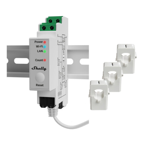 Shelly Relais "Pro 3EM 120A" WLAN LAN Stromzähler Inkl. 3x 120A Klemmen Messfunktion BT DIN-Rail